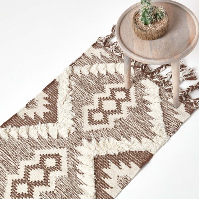 Homescapes Lhasa Handwoven Brown and Cream Textured Diamond Pattern Kilim Wool Rug, 66 x 200 cm