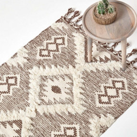 Homescapes Lhasa Handwoven Brown and Cream Textured Diamond Pattern Kilim Wool Rug, 90 x 150 cm