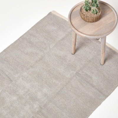 Homescapes Light Grey 100% Cotton Plain Chenille Rug with Natural Trim, 110 x 170 cm