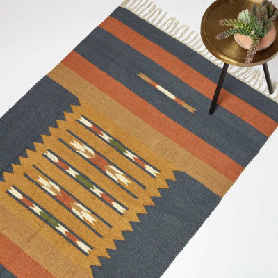 Homescapes Lundi Orange & Blue Kilim Cotton & Jute Rug 120 x 170 cm