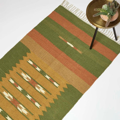 Homescapes Lundi Orange & Green Kilim Runner Cotton & Jute Rug 66 x 200 cm