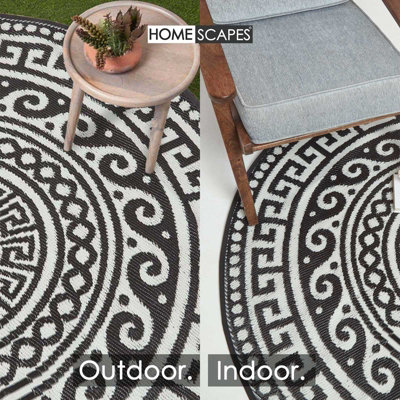 Homescapes Luxury Enid Aztec Black & White Round Reversible Waterproof Outdoor Rug, 180 cm