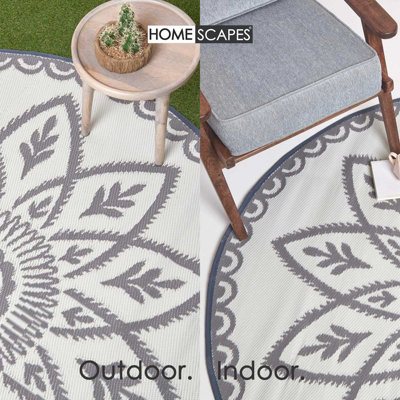 Homescapes Luxury Henna Pattern White & Grey Round Reversible Waterproof Outdoor Rug, 180 cm