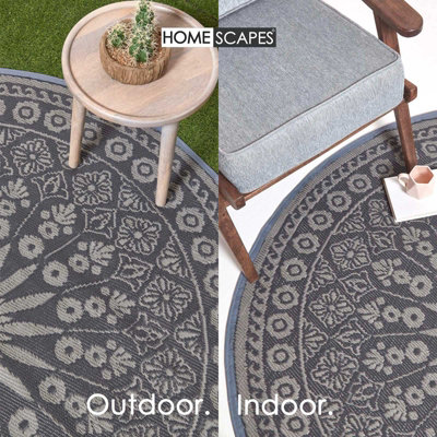 Homescapes Luxury Mandala Black Round Reversible Waterproof Outdoor Rug, 170 cm