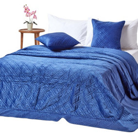 Homescapes Luxury Navy Blue Quilted Velvet Bedspread Geometric Pattern 'Paragon Diamond' Throw, 250 x 260 cm