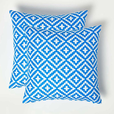 Homescapes Luxury Outdoor Cushions 2 Set, Waterproof Filled Cushions, Soft-Touch, Blue Geometric, for Garden and Indoors, 45x45 cm