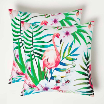 Homescapes Luxury Outdoor Cushions 2 Set, Waterproof, Soft-Touch, Pink Flamingo, for Garden and Indoors, 45 x 45 cm