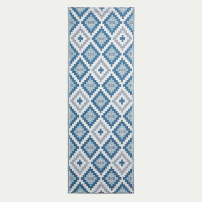 Homescapes Luxury Outdoor Rug Runner Waterproof Reversible for Garden Patio, 75 x 200 cm, Blue, 100% Recycled, Mia Aztec