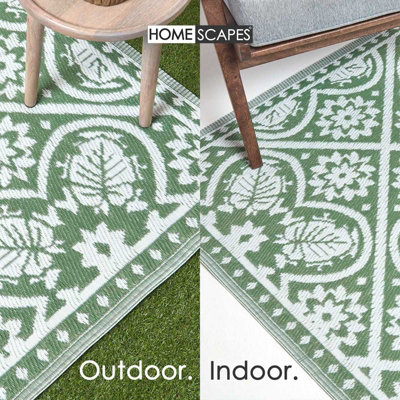 Homescapes Luxury Outdoor Rug Waterproof Reversible for Garden Patio, 182 x 122 cm, Green, 100% Recycled, Floral Leaf