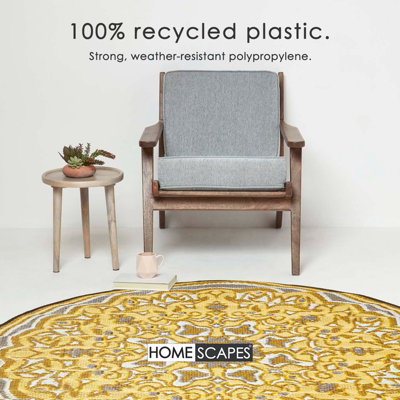 Homescapes Luxury Rae Yellow Round Reversible Waterproof Luxury Outdoor Rug, 180 cm