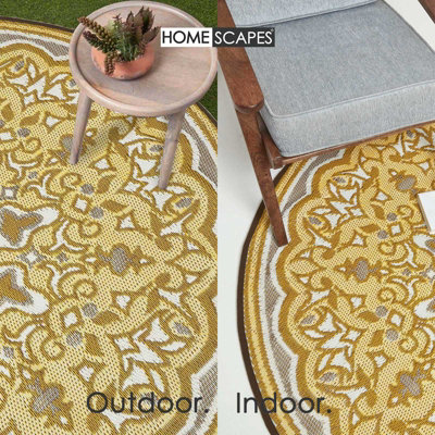 Homescapes Luxury Rae Yellow Round Reversible Waterproof Luxury Outdoor Rug, 180 cm