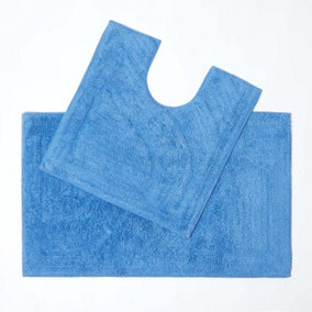 Homescapes Luxury Two Piece Cotton Cobalt Blue Bath Mat Set