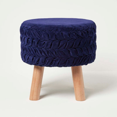 Homescapes Lyla Blue Pleated Velvet Footstool, 40 cm Tall