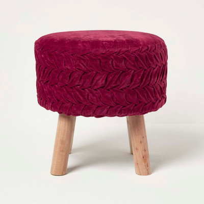 Homescapes Lyla Dark Pink Pleated Velvet Footstool, 40 cm Tall