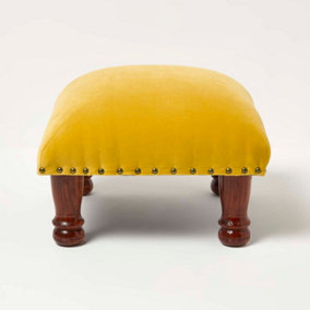 Homescapes Mable Mustard Yellow Velvet Square Footstool