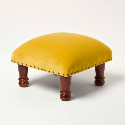 Homescapes Mable Mustard Yellow Velvet Square Footstool