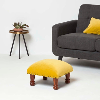 Homescapes Mable Mustard Yellow Velvet Square Footstool