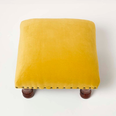 Homescapes Mable Mustard Yellow Velvet Square Footstool