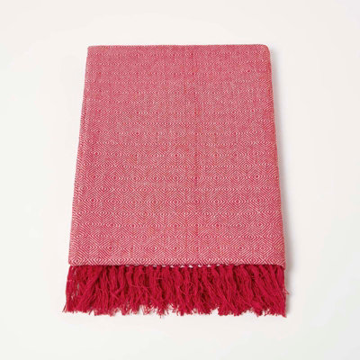 Homescapes Malda Red & White Cotton Throw with Tassels 150 x 200 cm