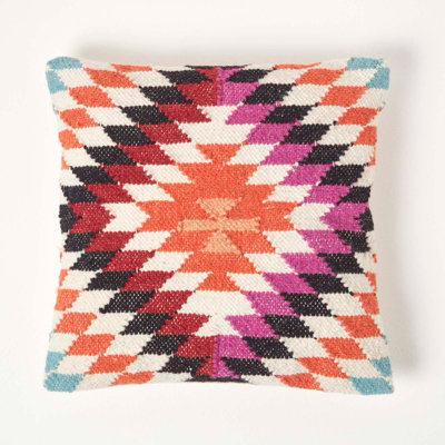 Homescapes Manila Handwoven Orange and Pink Kilim Cushion with Feather Filling