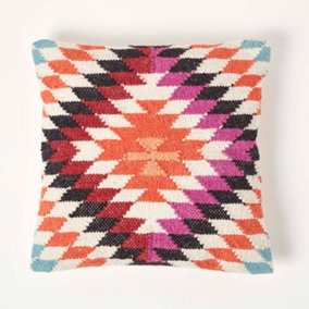 Homescapes Manila Handwoven Orange and Pink Kilim Cushion with Feather Filling