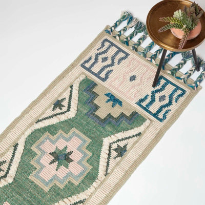 Homescapes Matala Green & Blue Kilim Runner Wool Rug 66 x 200 cm