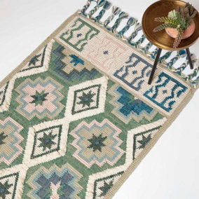 Homescapes Matala Green & Blue Kilim Wool Rug 160 x 230 cm