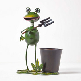 Homescapes Metal Frog with Garden Fork and Flower Pot, 28 cm Tall