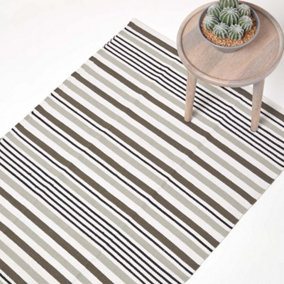 Homescapes Modern Black Grey Scandinavian Style Striped Cotton Rug, 90 x 150 cm