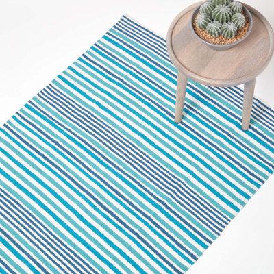 Homescapes Modern Blue Scandinavian Style Striped Cotton Rug, 120 x 180 cm