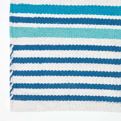 Homescapes Modern Blue Scandinavian Style Striped Cotton Rug, 120 x 180 cm