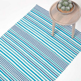 Homescapes Modern Blue Scandinavian Style Striped Cotton Rug, 150 x 240 cm