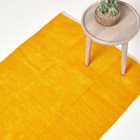 Homescapes Mustard 100% Cotton Plain Chenille Rug with Natural Trim, 110 x 170 cm