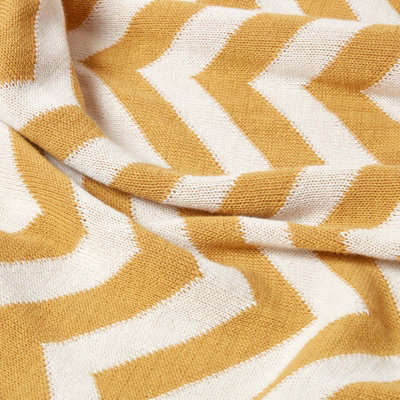 Homescapes Mustard Chevron Cotton Knitted Throw, 130 x 170 cm