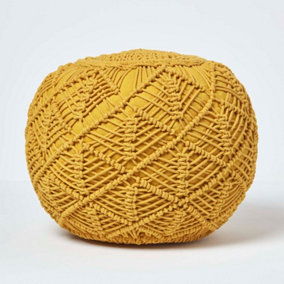 Homescapes Mustard Crochet Knitted Pouffe 35 x 40 cm