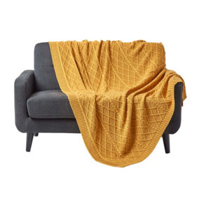 Homescapes Mustard Diamond Cable Knit Cotton Throw, 130 x 170 cm