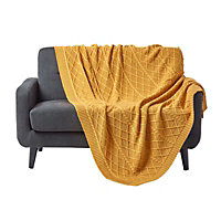 Homescapes Mustard Diamond Cable Knit Cotton Throw, 150 x 200 cm