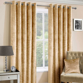 Homescapes Mustard Gold Luxury Crushed Velvet Lined Eyelet Curtain Pair, 45 x 54"