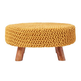 Homescapes Mustard Large Round Cotton Knitted Footstool on Legs
