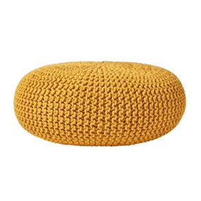Homescapes Mustard Large Round Cotton Knitted Pouffe Footstool