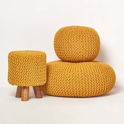 Homescapes Mustard Large Round Cotton Knitted Pouffe Footstool