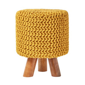 Homescapes Mustard Tall Cotton Knitted Footstool on Legs