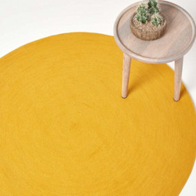 Homescapes Mustard Yellow Handmade Woven Braided Round Rug, 120 cm