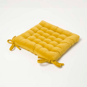 Homescapes Mustard Yellow Quilted Velvet Chair Pad, 40 x 40 cm