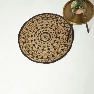 Homescapes Natural & Black Mandala Braided Jute Rug, 70 cm Round