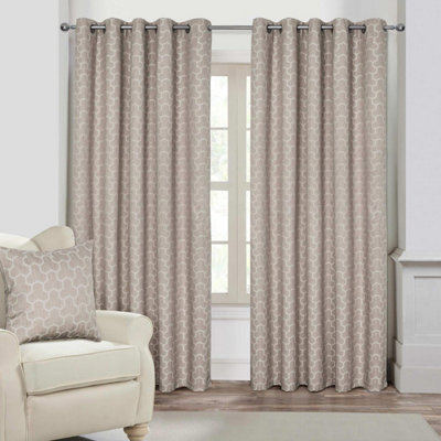 Homescapes Natural Geometric Jacquard Blackout Eyelet Curtain Pair, 90 x 72"