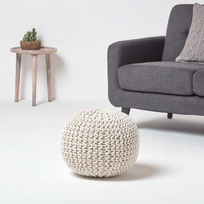 Homescapes Natural Round Cotton Knitted Pouffe Footstool