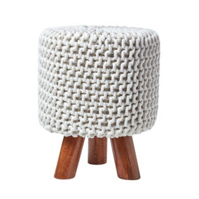 Homescapes Natural Tall Cotton Knitted Footstool on Legs