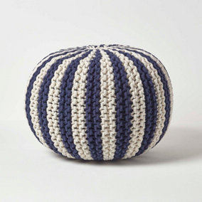 Homescapes Navy and White Knitted Pouffe Striped Footstool 40 x 50 cm