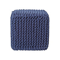 Homescapes Navy Blue Cube Cotton Knitted Pouffe Footstool